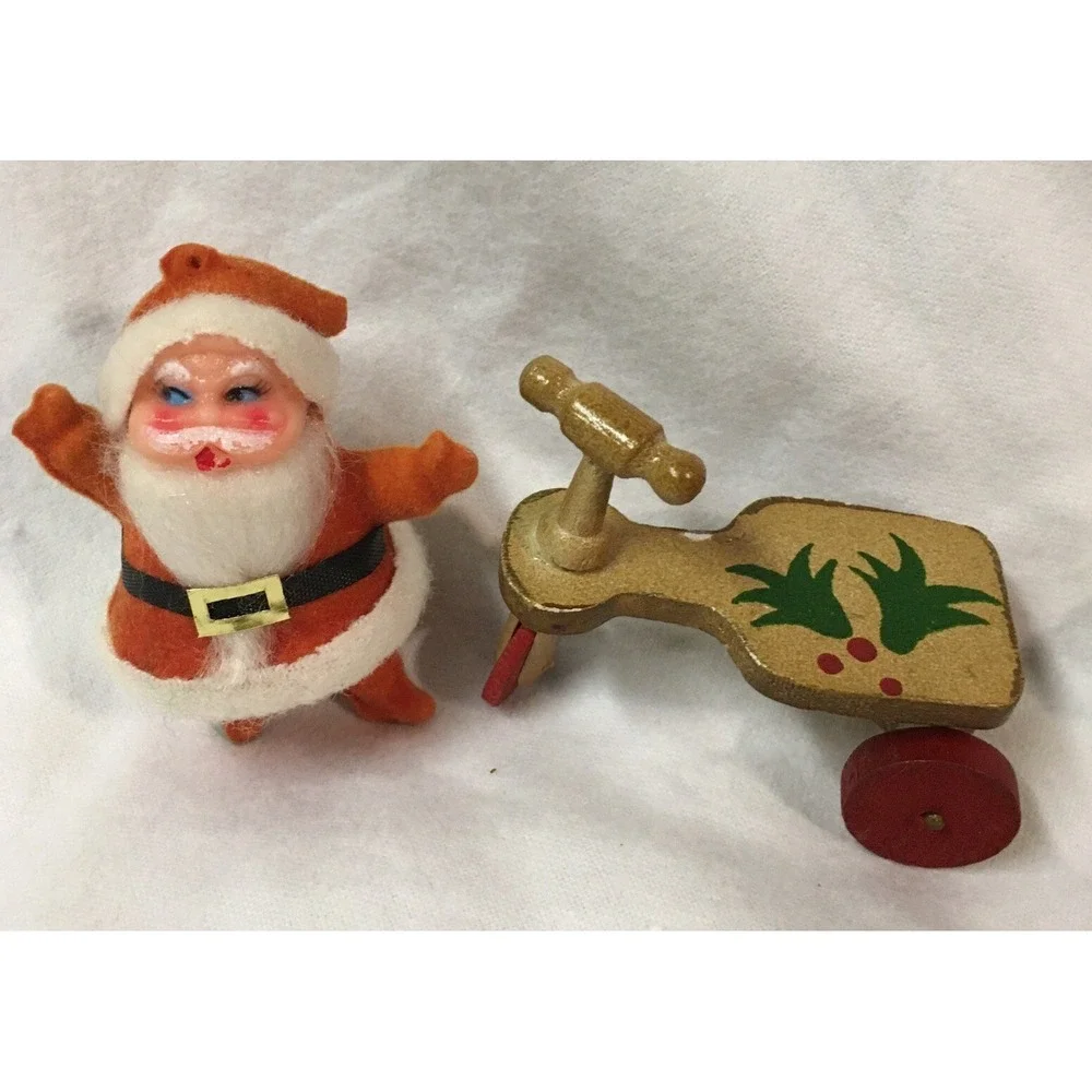 Vintage Flocked Santa Hard Plastic and Wooden Scooter Christmas Ornaments RETRO